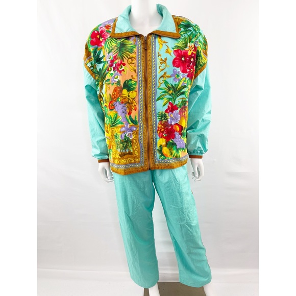 Vintage East West Turquoise Floral Fruit Print 2-Piece Tracksuit Jacket & Pants - Picture 5 of 13